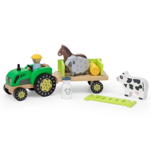 Viga Drewniany Traktor z Przyczepą Figurki Zwierząt Farma Zestaw Edukacyjny