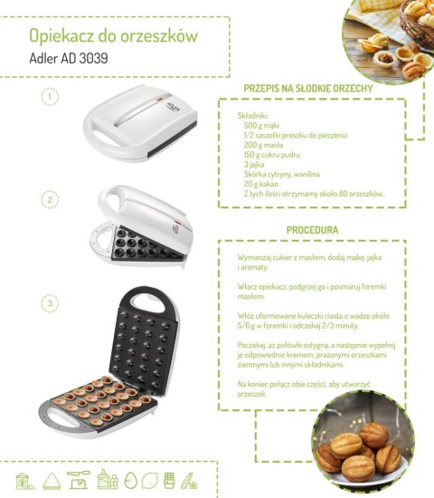 Adler AD 3039 Opiekacz do orzeszków forma do ciastek elektryczna 24 szt. XL 1600W