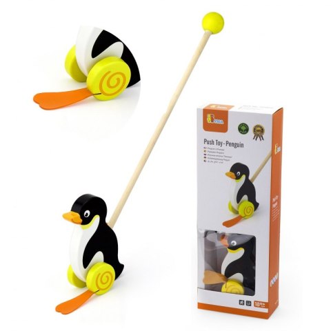 VIGA TOYS Drewniany Pchacz Pingwin Zabawka na Kiju do Pchania na Roczek